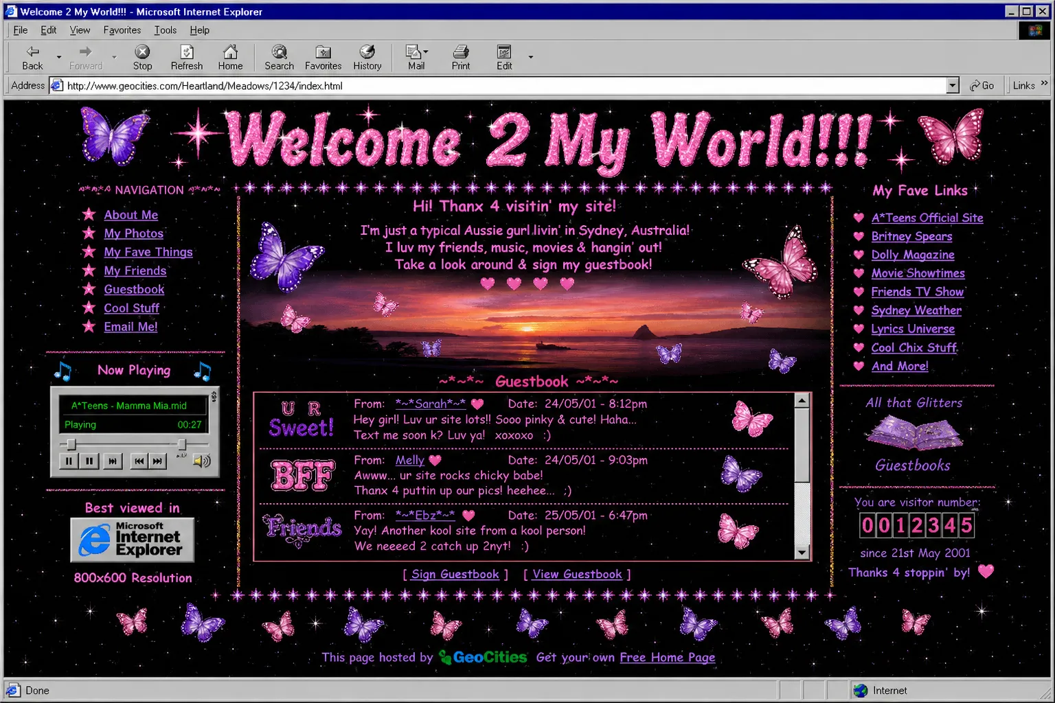 Screenshot of a GeoCities Sydney personal homepage from 2001 with animated GIFs and Web 1.0 design