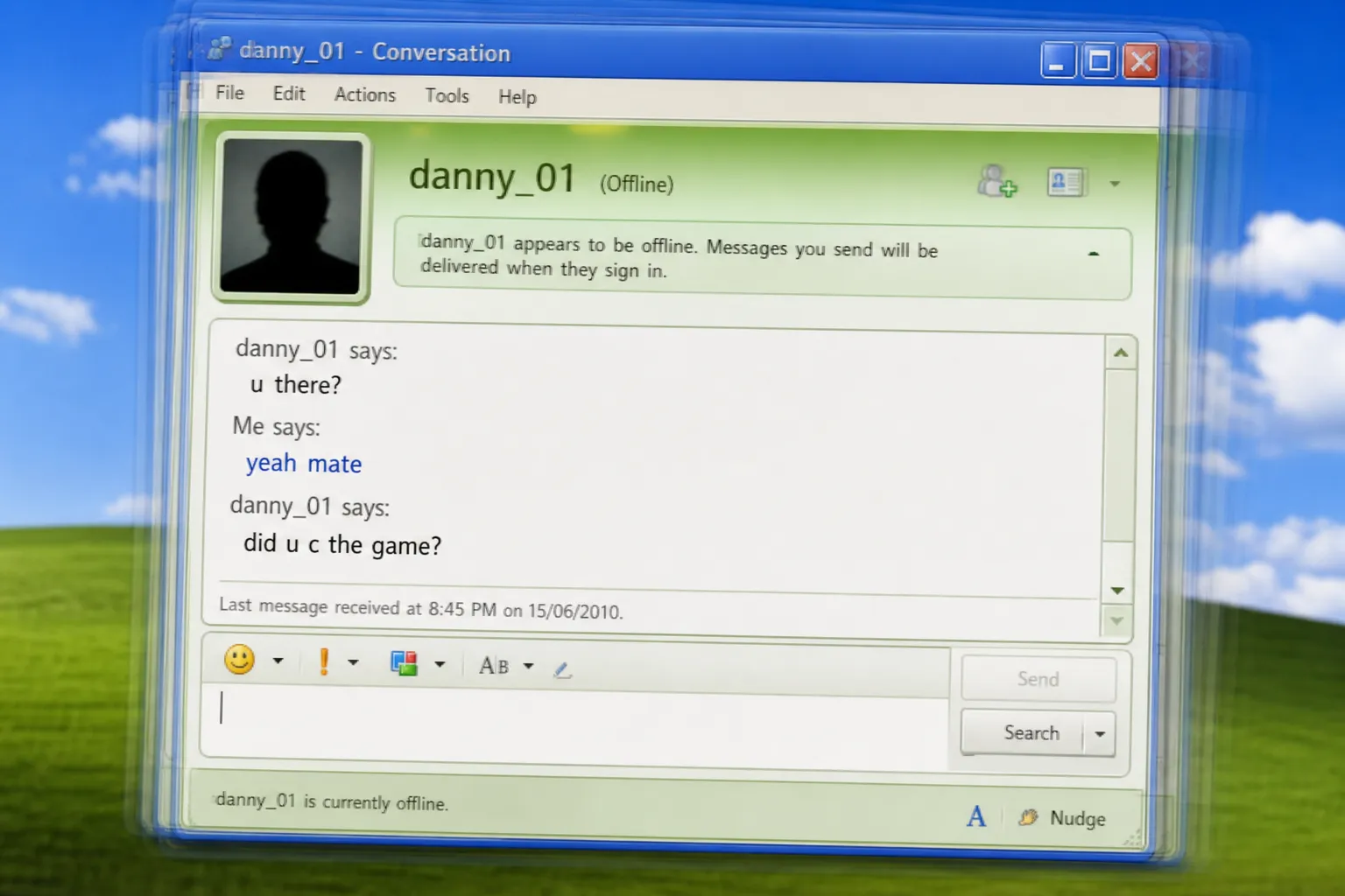 Screenshot of an MSN Messenger conversation window with a nudge animation and chat history