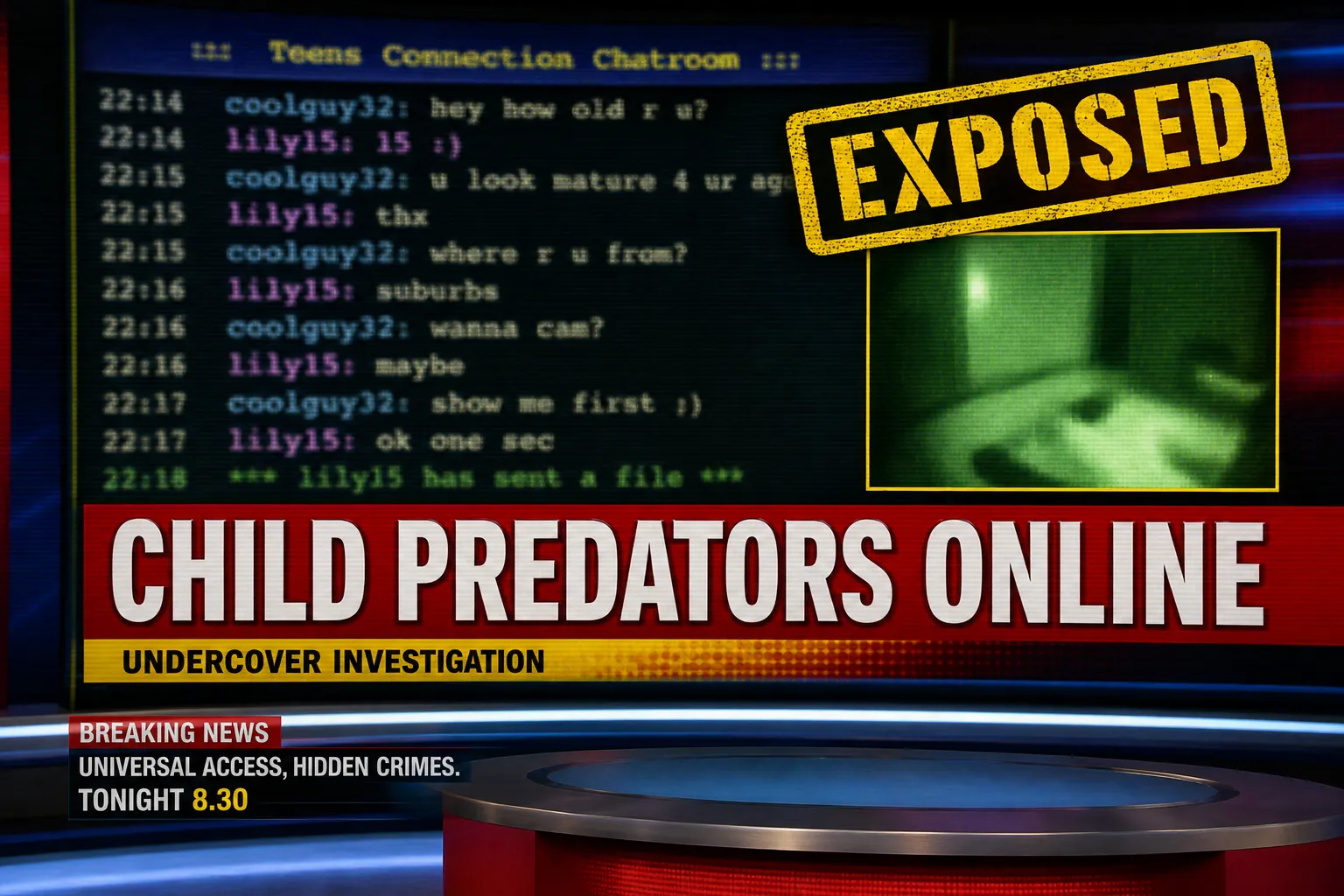 Screenshot of a 2007 Today Tonight current affairs segment with alarmist graphics about online predators