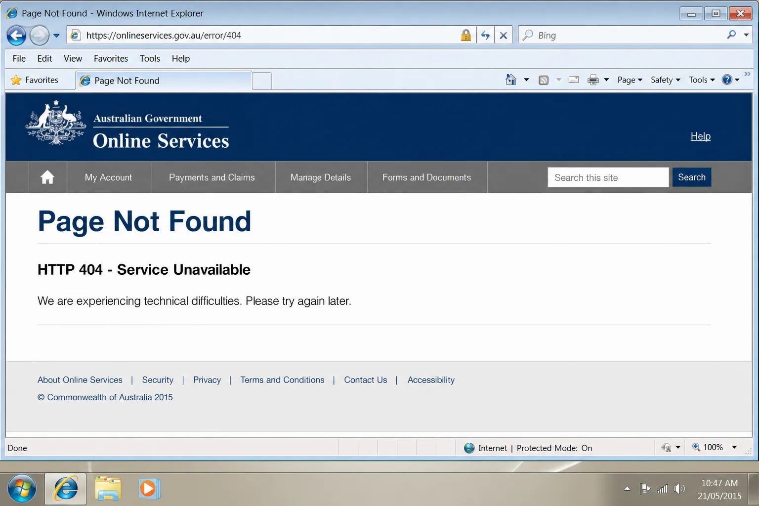 Screenshot of a Centrelink error page with HTTP 404 Service Unavailable message