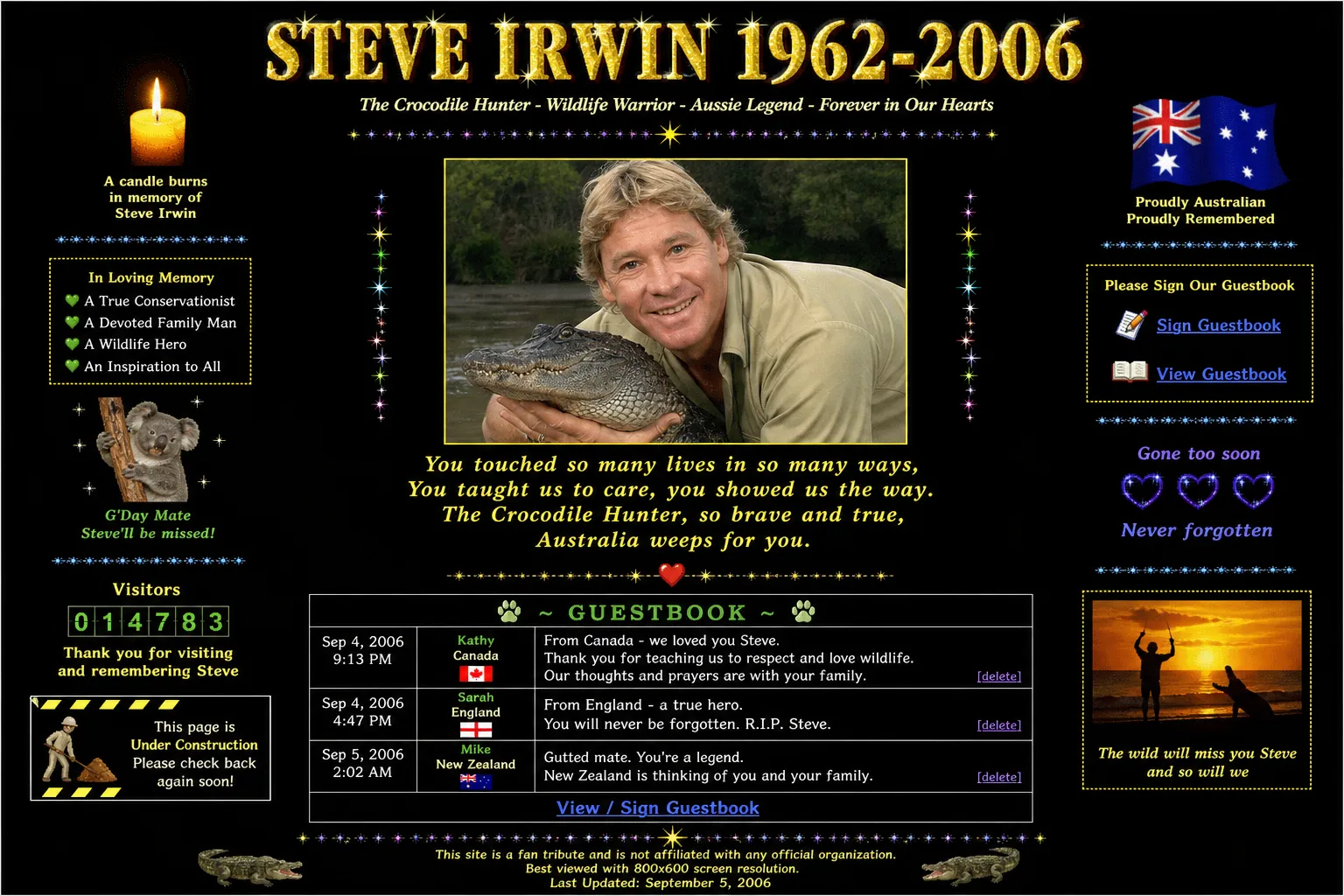 Fan-made Steve Irwin memorial webpage from 2006 with animated candles and Australian flag background