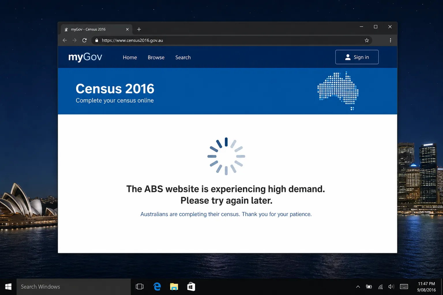 Screenshot of the ABS census website showing an unavailable error page on census night 2016