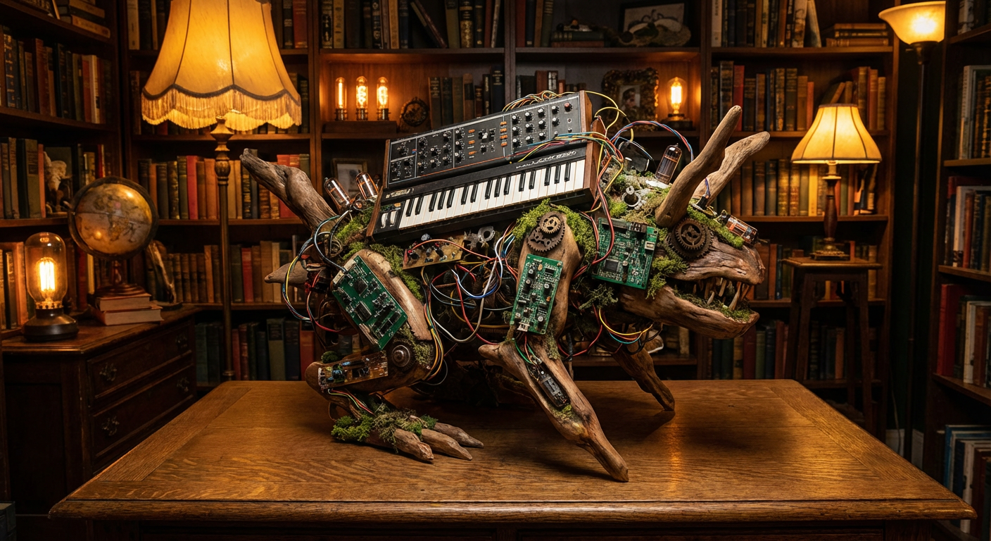 Surrealist assemblage with synthesizers and circuit boards