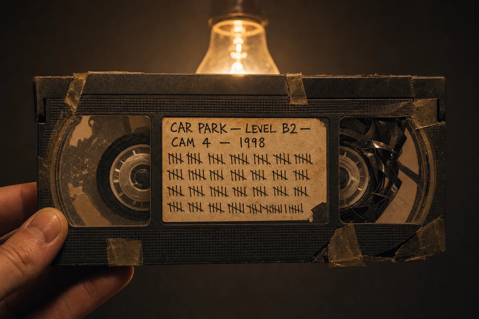 VHS tape with visible magnetic layer damage and overwritten data fragments