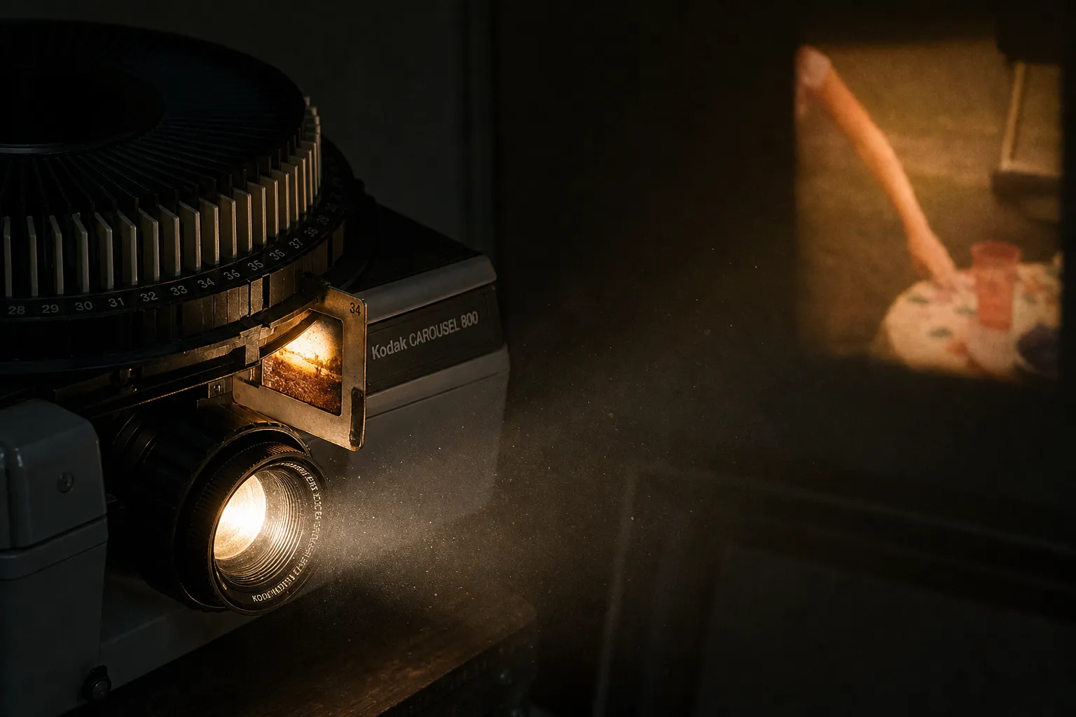 A slide projector carousel jammed with overlapping transparencies