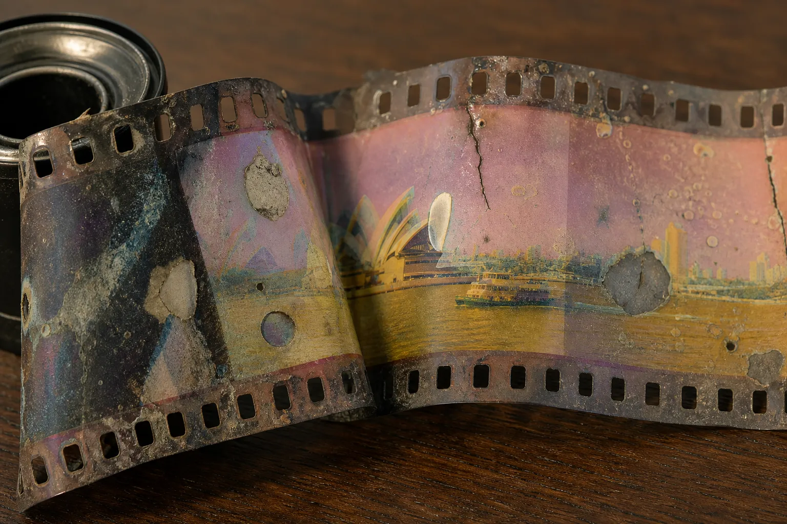 Deteriorating film stock showing the vinegar syndrome chemical decay pattern