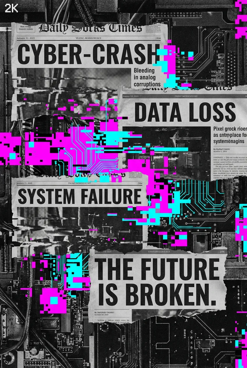 Digital glitch art collage with distorted text and neon color blocks