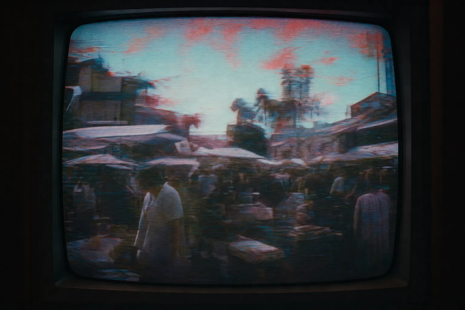 CRT television display showing a Sydney marketplace scene with scanlines and analog distortion