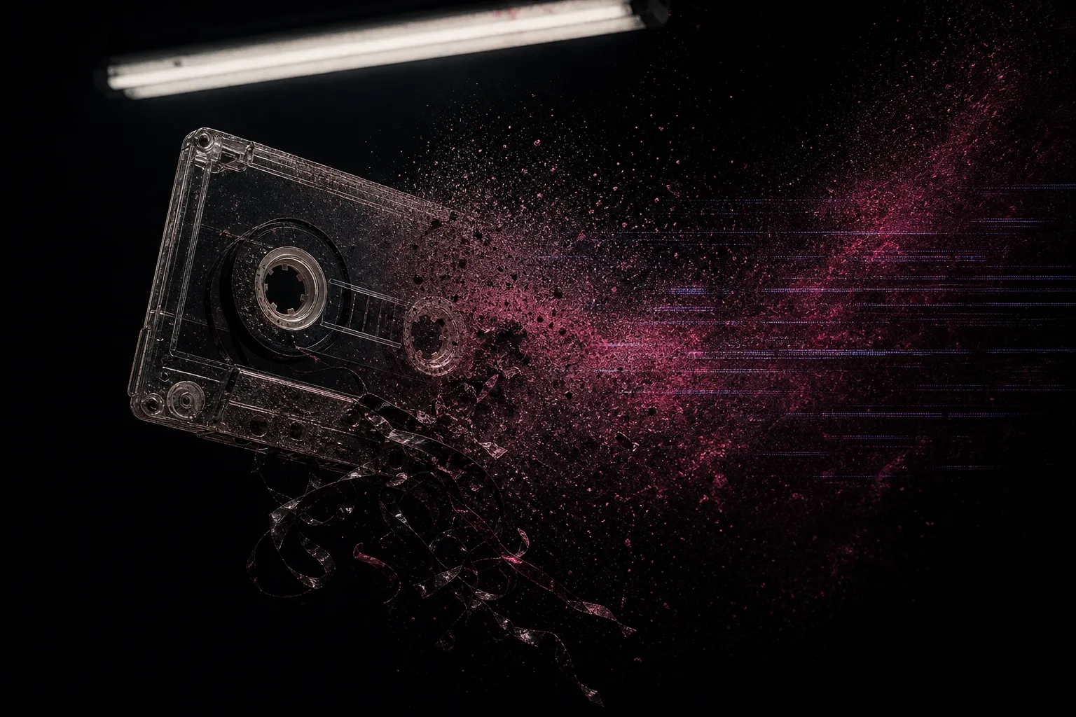 Spiral arrangement of cassette tapes forming a galaxy-like nebula in deep space