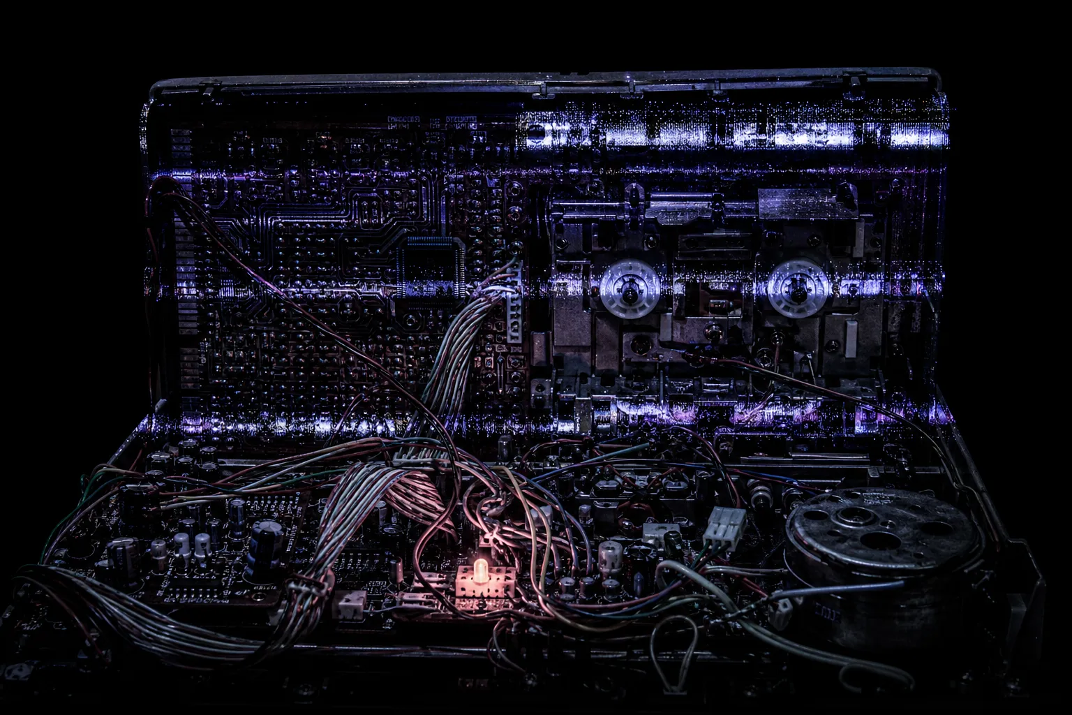 Modified portable cassette player with exposed wires and glowing circuit modifications