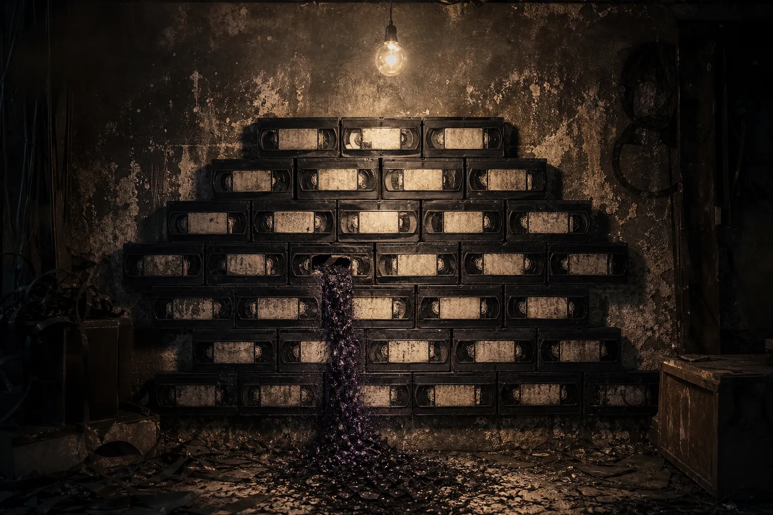 Grid of 47 VHS tape spines forming a monolithic wall of analog media