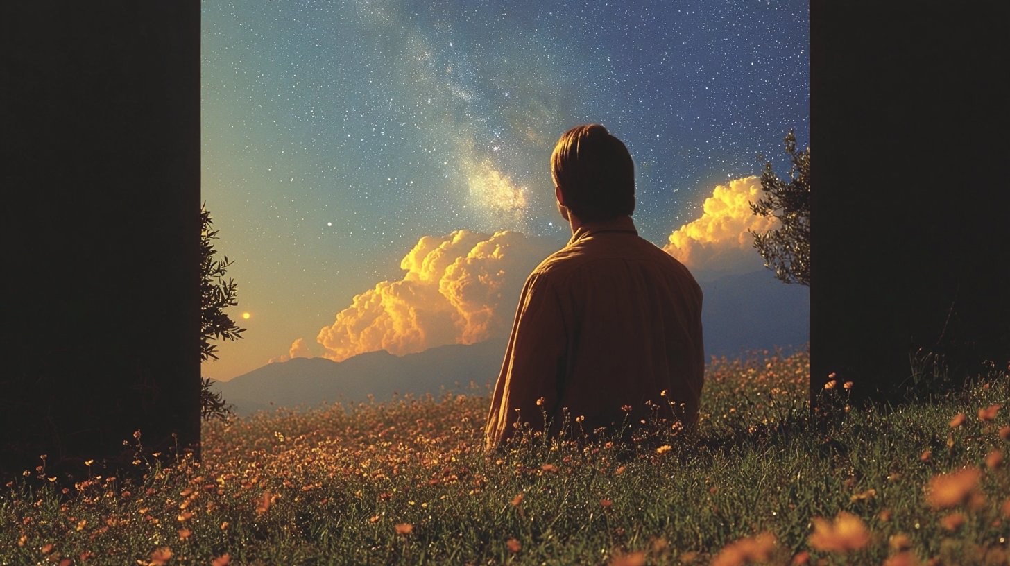 Man seated in meadow with cosmic sky and orange wildflowers at sunset
