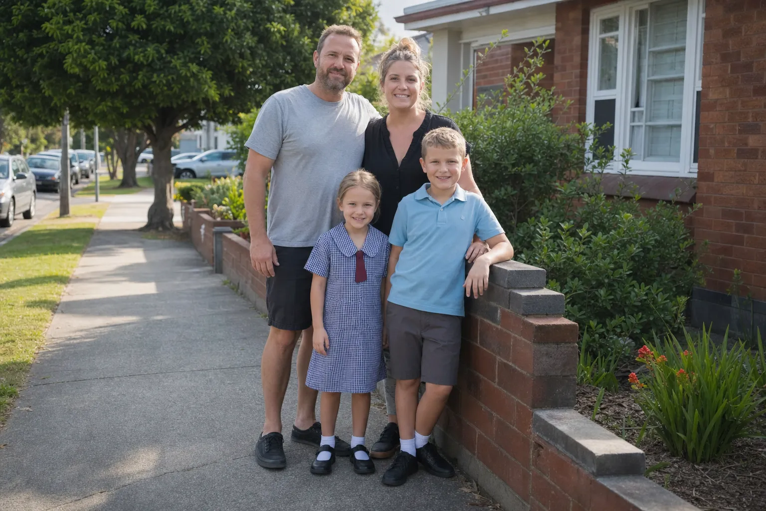 White Australian family standing outside a suburban brick home in Lakemba