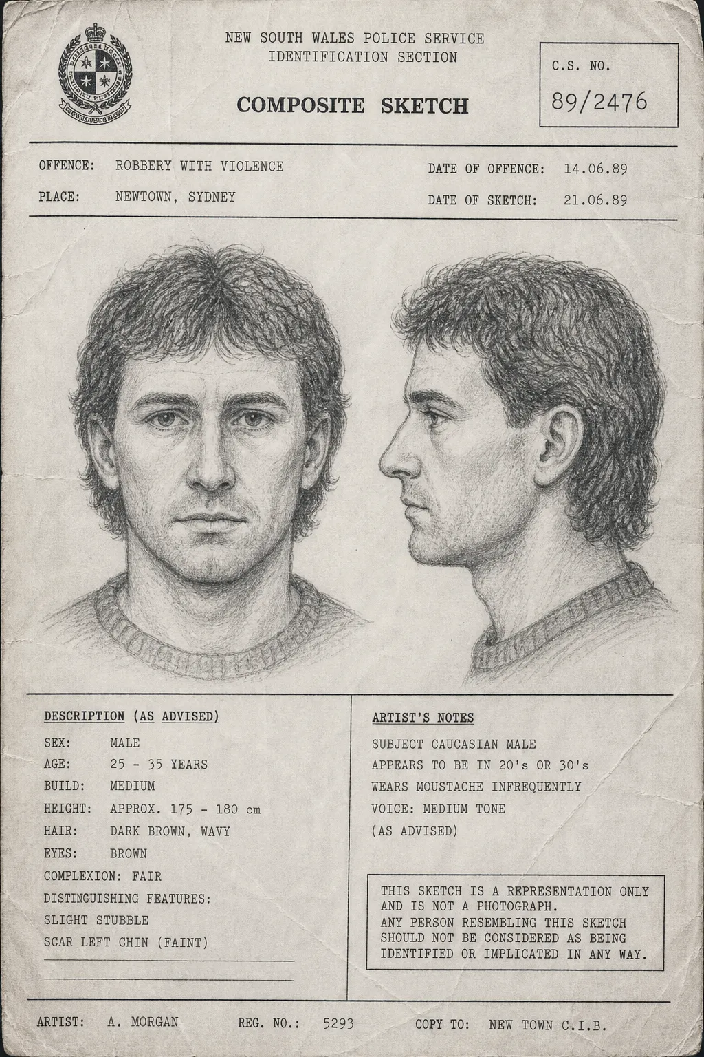 Official NSW Police witness composite sketch from 1989 in pencil style