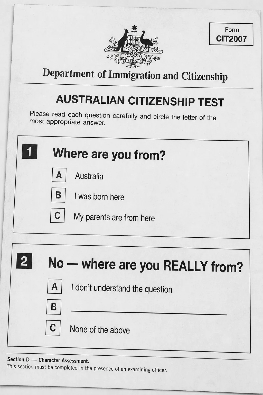 Official Australian citizenship test form with the question "Where are you REALLY from?"