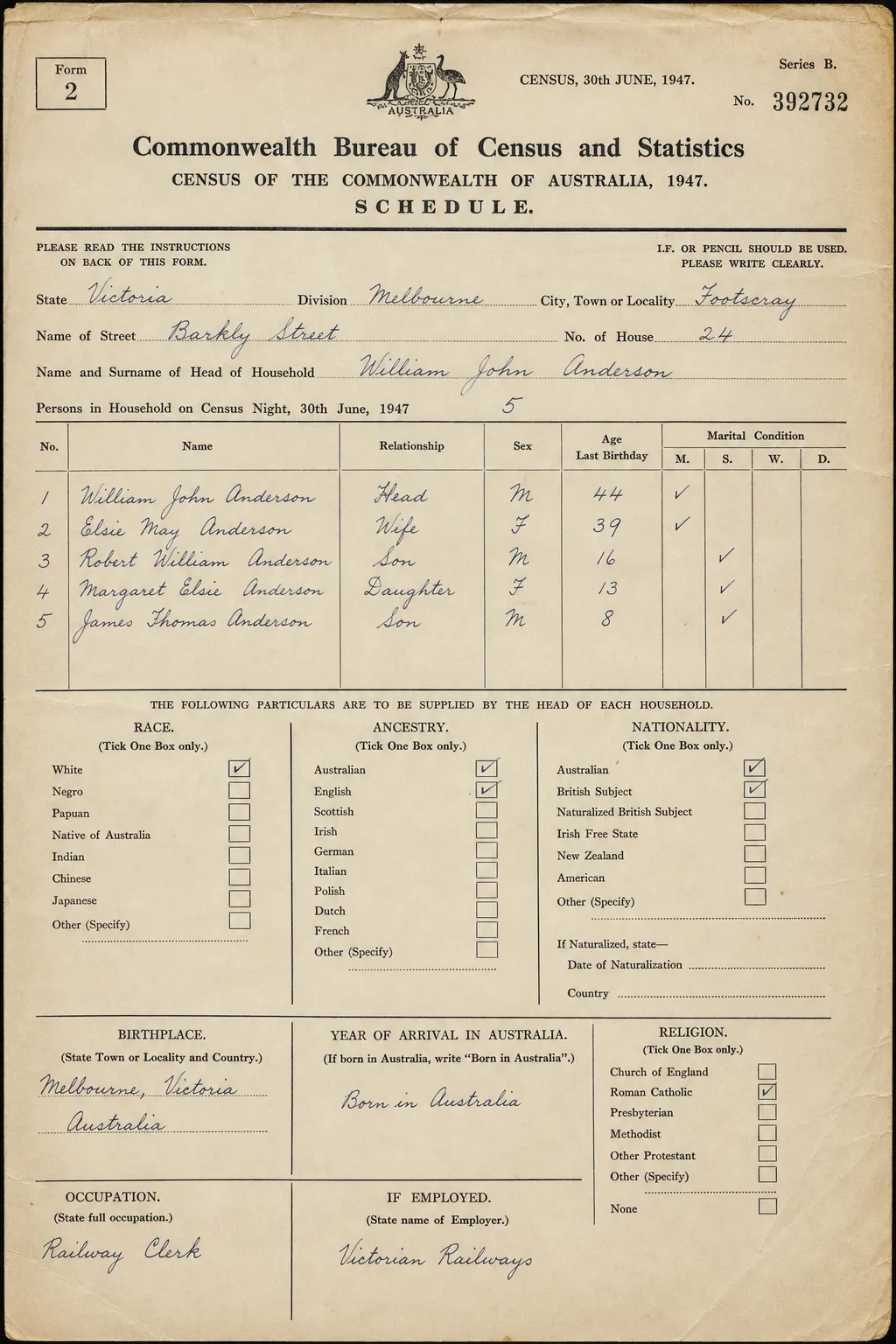 Historical Commonwealth census form from 1947 with race and ancestry tick boxes
