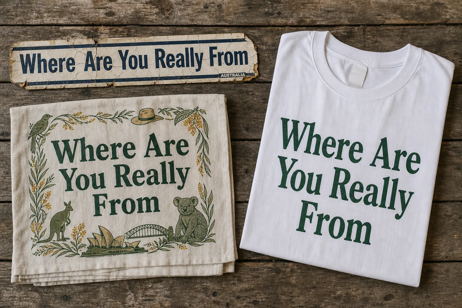 Souvenir tea towel and bumper sticker with the phrase "Where Are You Really From"